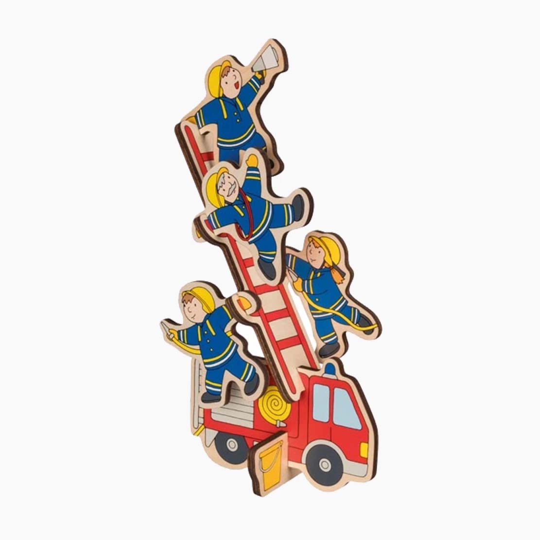 Detailansicht der Holzfiguren und Elemente des Aufstellpuzzle Feuerwehr