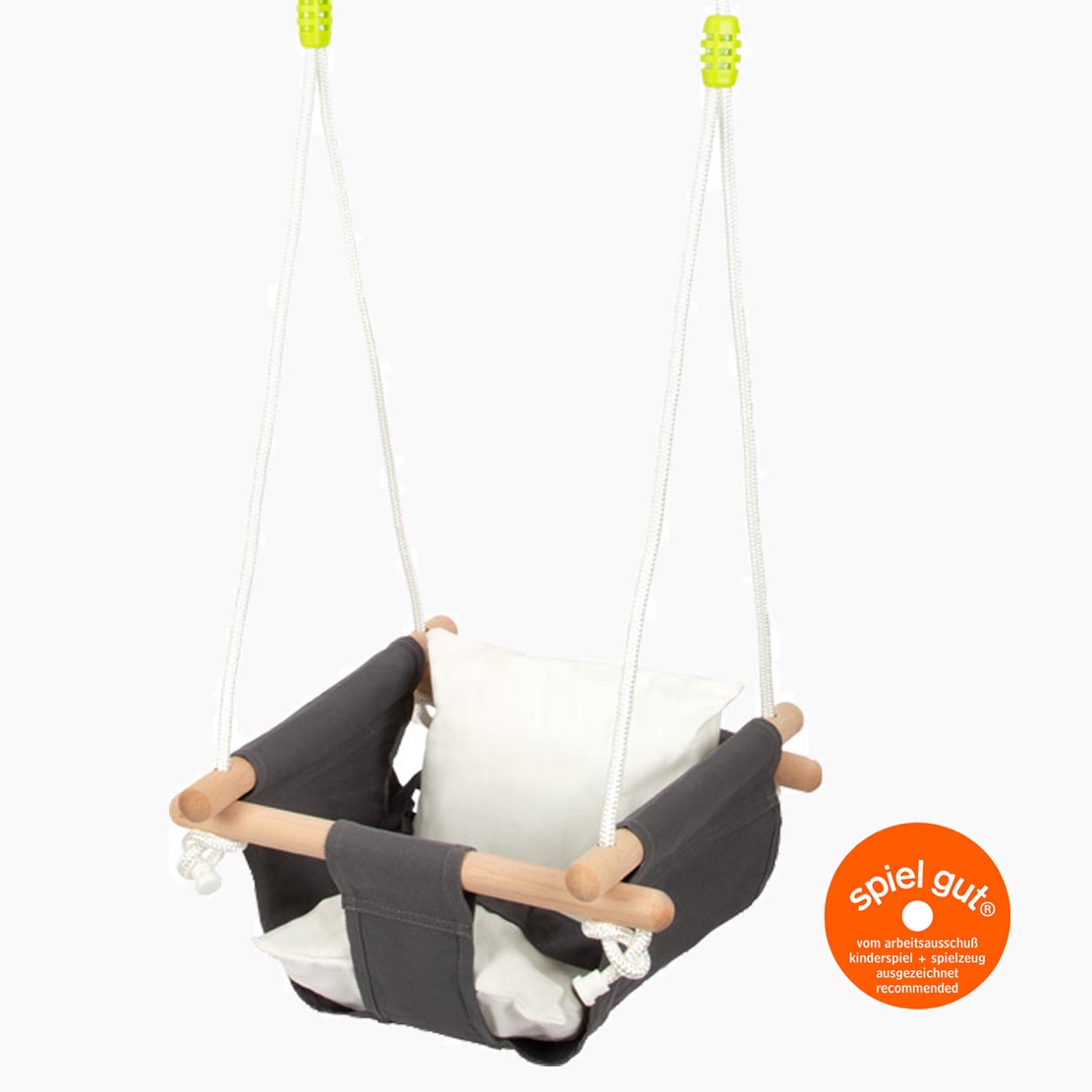 Detailansicht Babyschaukel Komfort mit Holzrahmen, Stoff und Kissen