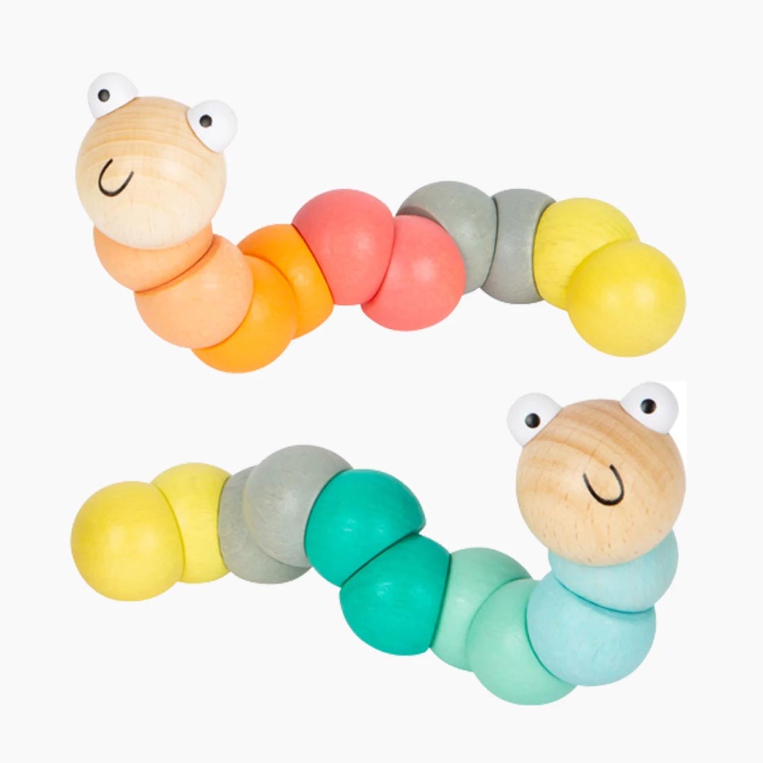 Drehwurm Pastell 2er Set von small foot mit zwei biegsamen Holzraupen in Pastellfarben