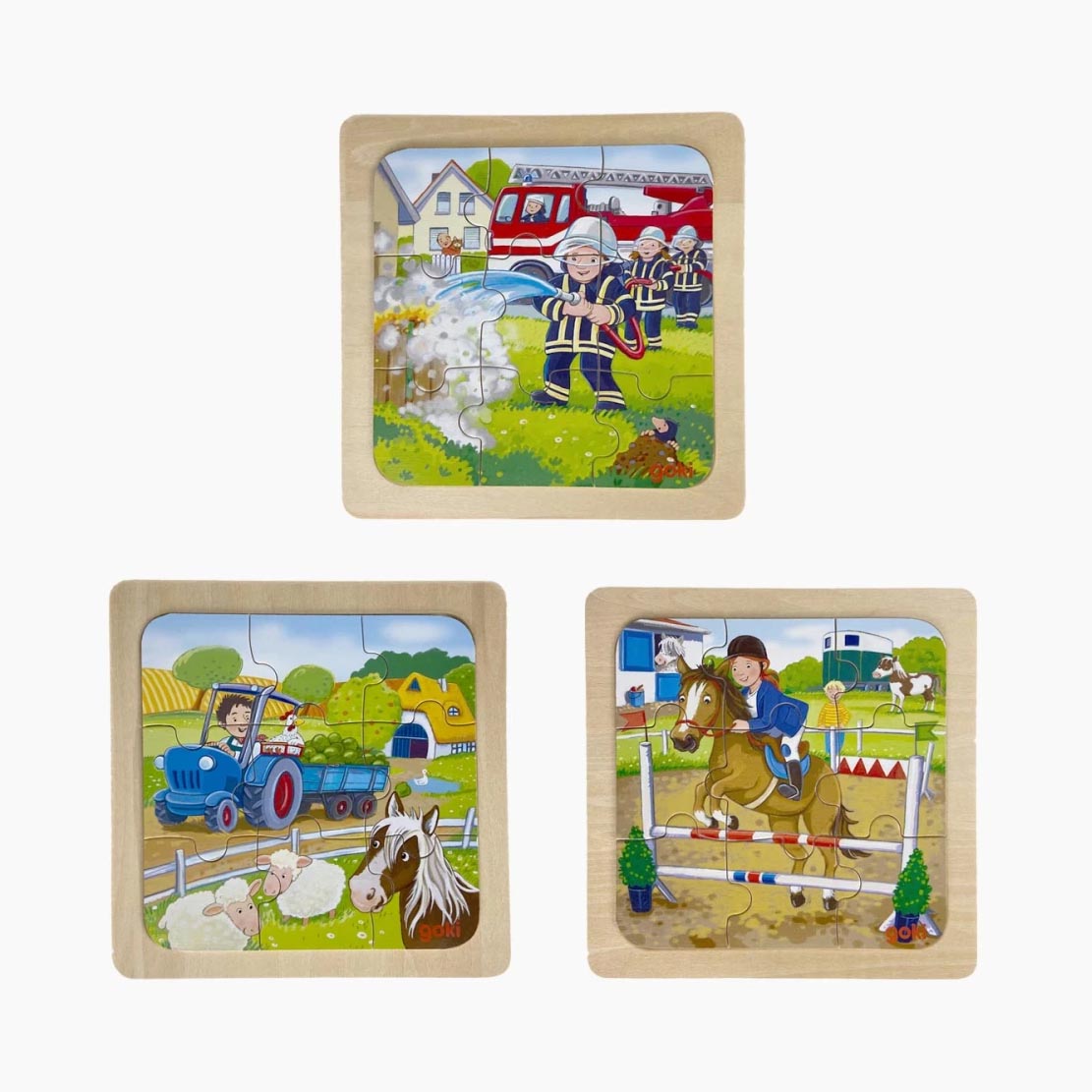 Einlegepuzzle 3er-Set – Bauernhof, Feuerwehr, Baustelle in der Übersicht