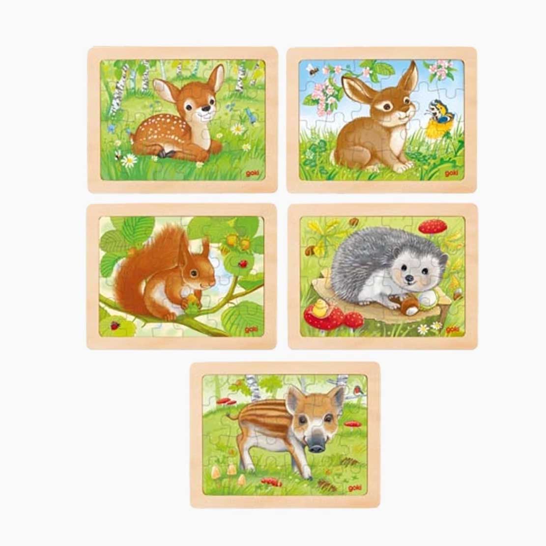 Nahaufnahme eines Waldtier-Puzzles aus Holz – passgenaue, glatte Teile