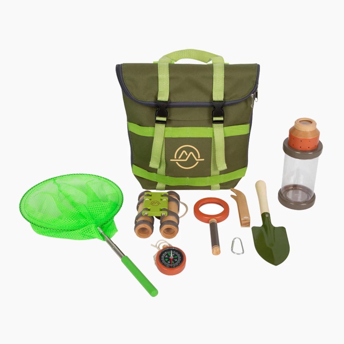 Entdeckerrucksack mit Forscher-Set: Insektenglas, Lupe, Kompass, Kescher