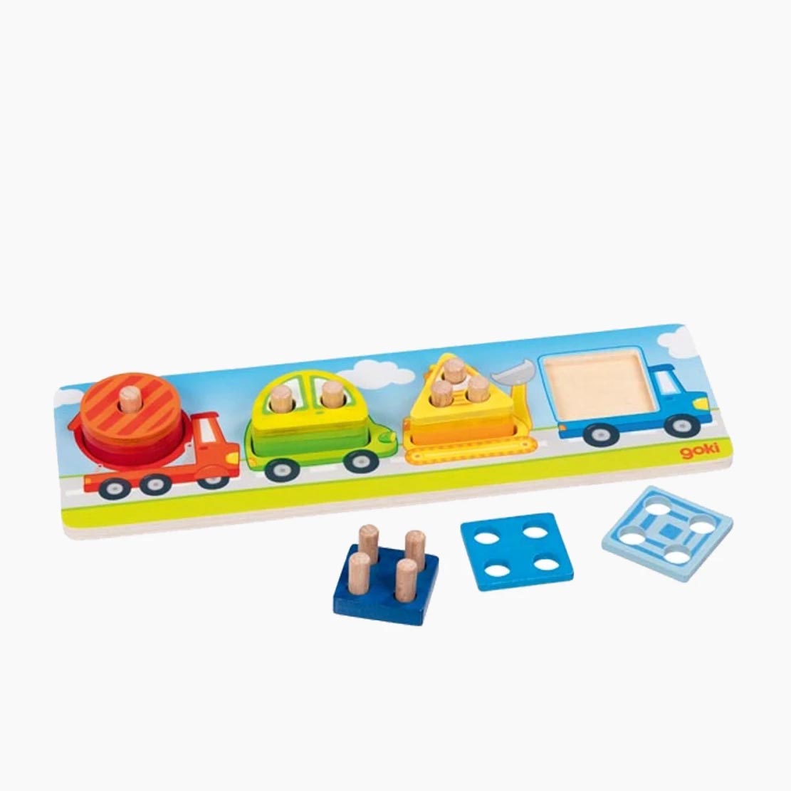 Formensortierspiel Fahrzeuge von goki – Holzleiste mit verschiedenen farbigen Fahrzeugformen
