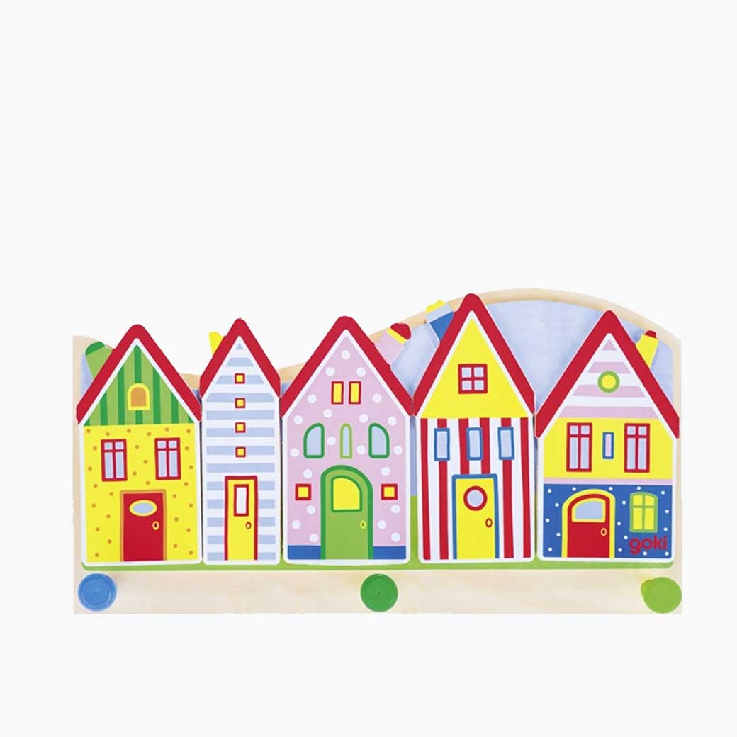 Garderobe Kleine Stadt aus Holz mit drei Haken und Stadtmotiv