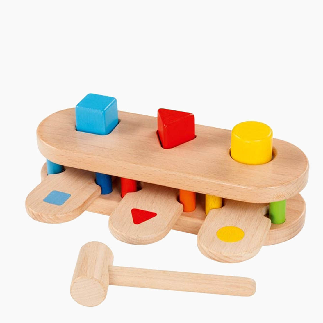 Hammerbank Bunt – Detailansicht mit Holzklötzen & Hammer