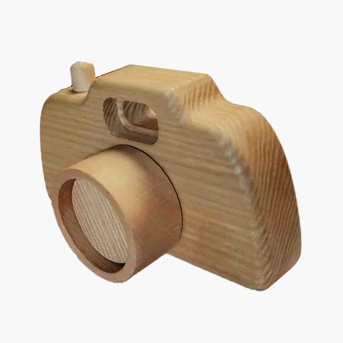 Holz Spiel-Kamera R: Frontansicht, Gehäuse, Linse, Trageschlaufe