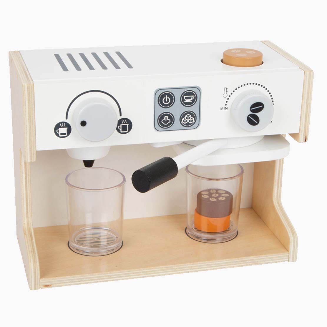 Holz-Kaffeemaschine mit Siebträger, Bechern und Kaffeecoins