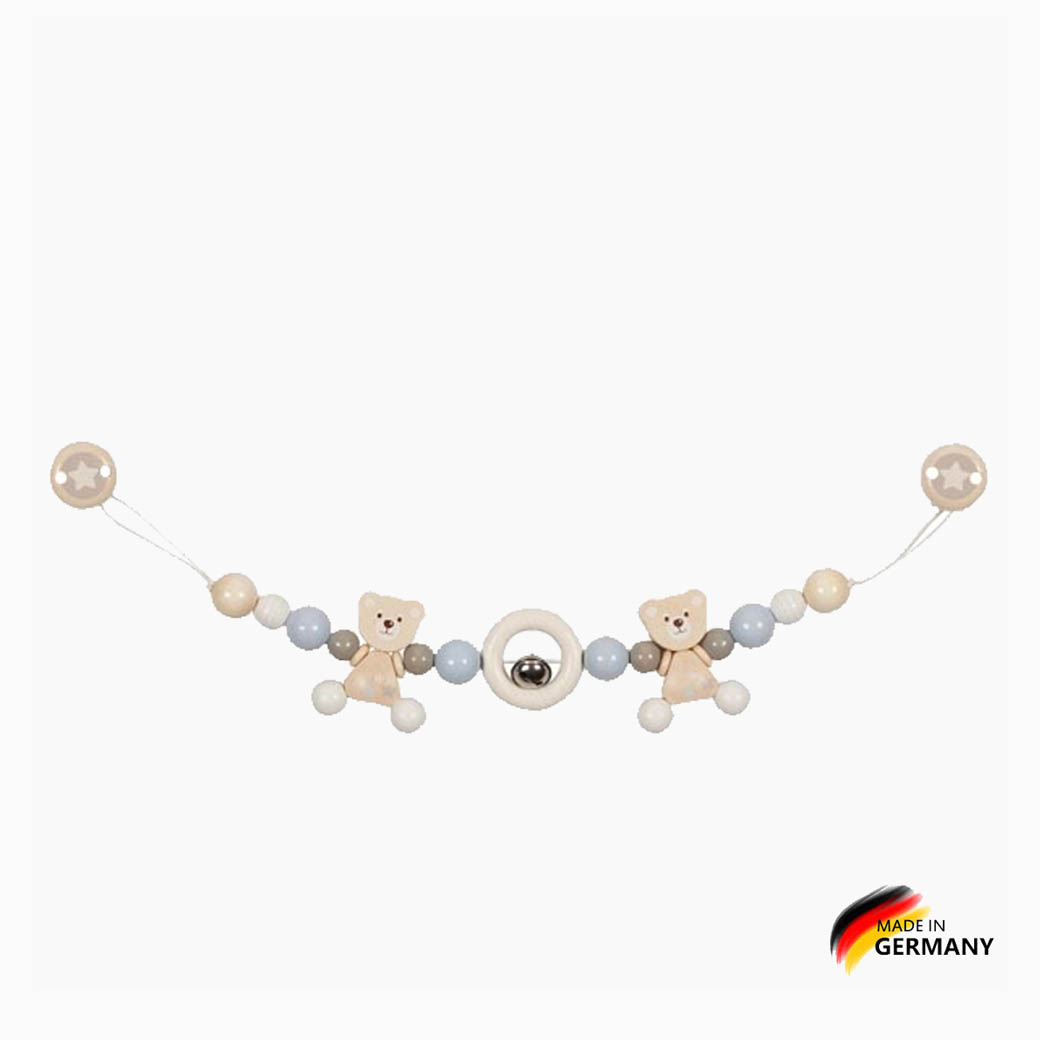 Detailansicht Kinderwagenkette Bär rose mit Holzperlen Ring und Glöckchen