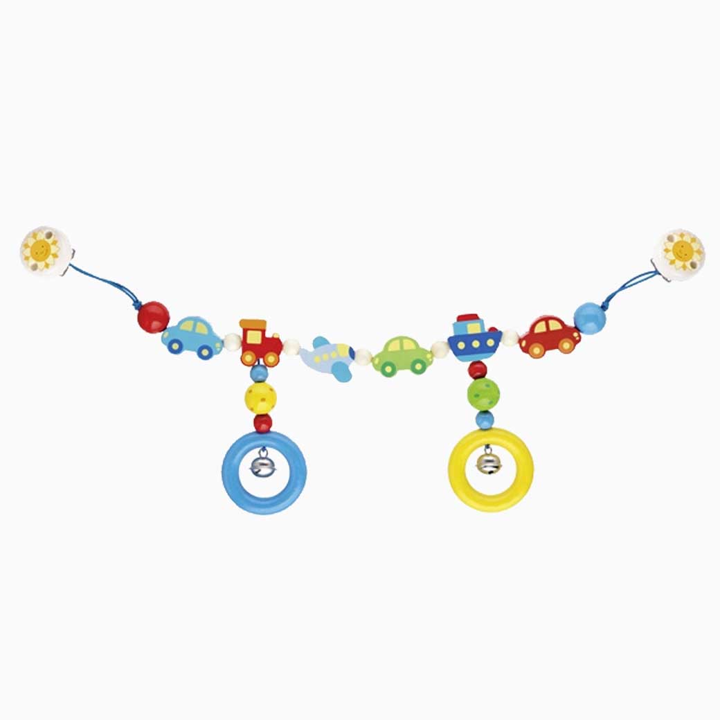 Kinderwagenkette Fahrzeuge aus Holz mit Autos, Ringen und bunten Perlen
