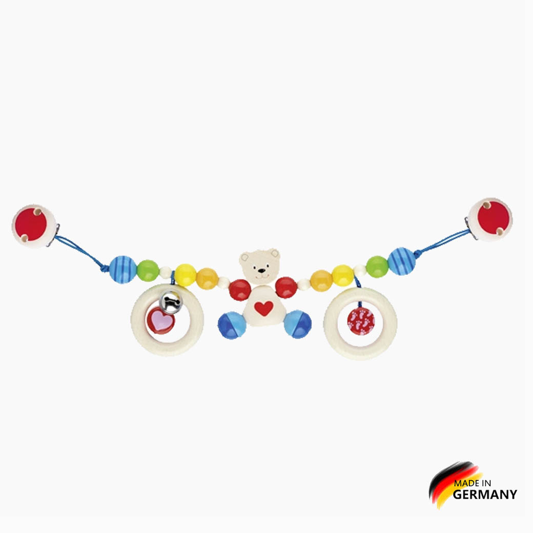 Kinderwagenkette Herzbär mit Clips aus Holz mit Bärenmotiv