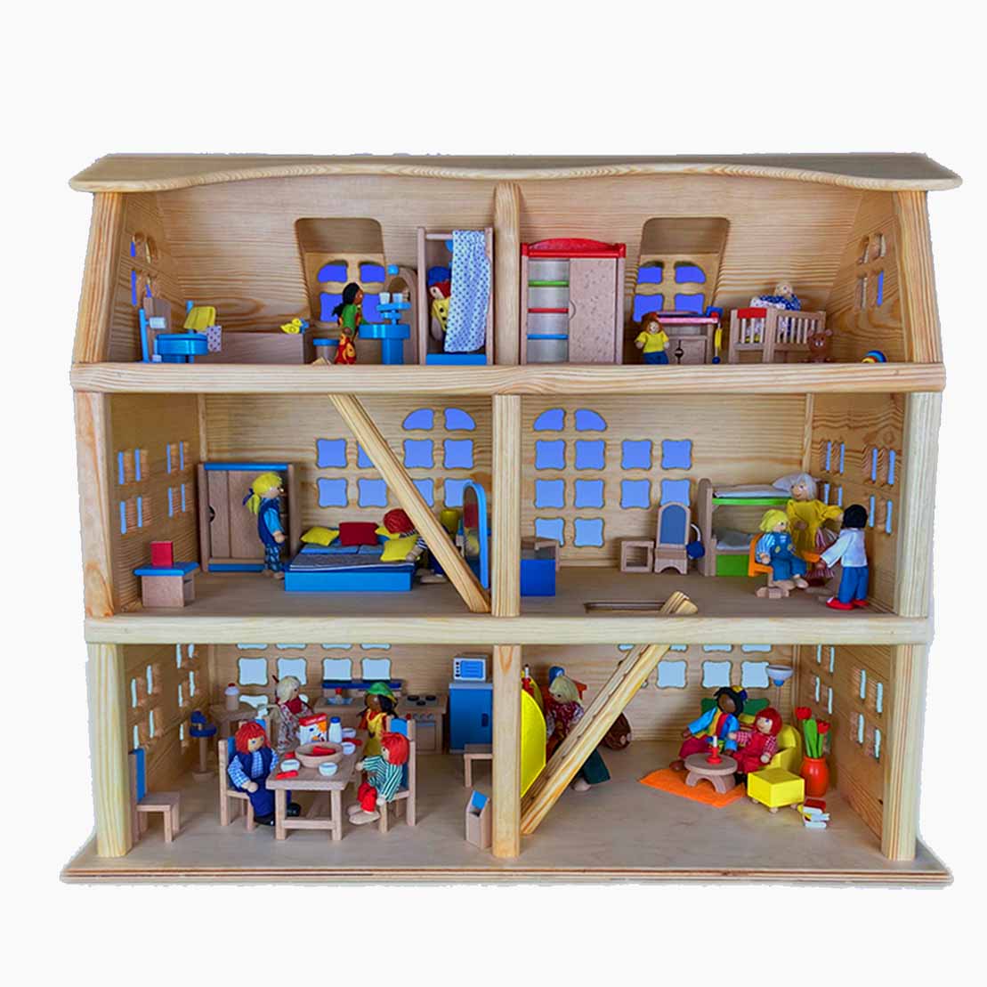 Puppenhaus-Kinderzimmer: Wiege, Schrank und Wickelkommode in Holz