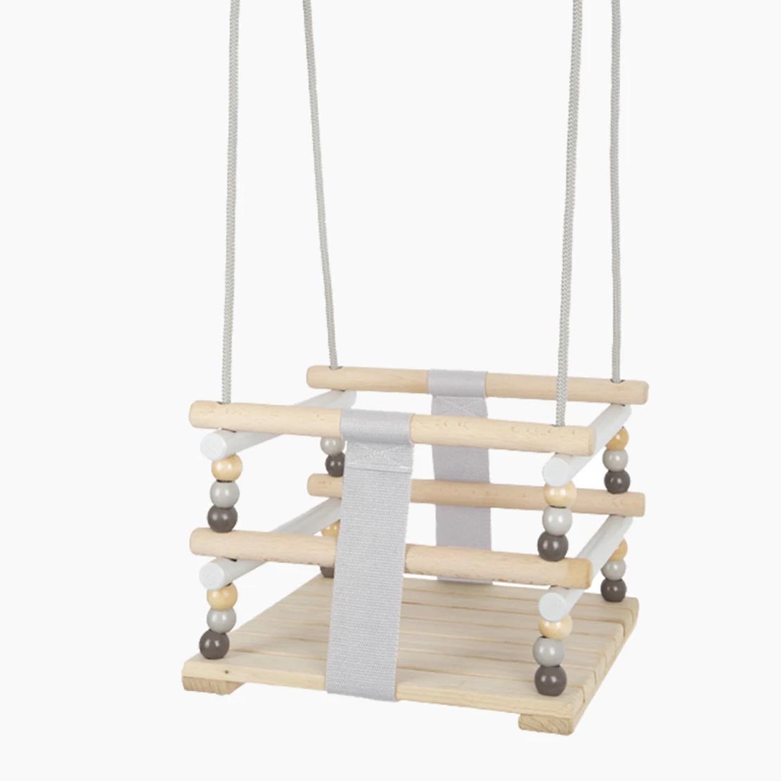 Detailansicht Kleinkindschaukel Skandi mit Holzrahmen und grauem Stoff