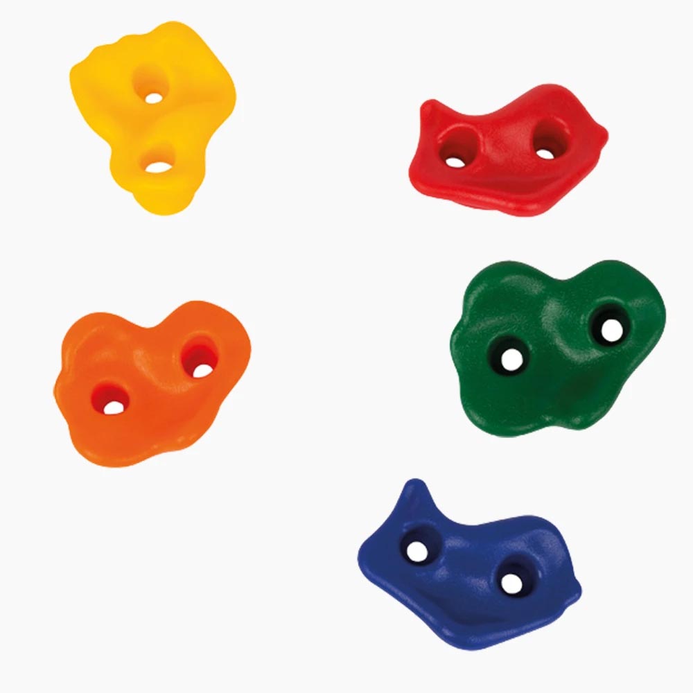 Klettersteine Himmelsstürmer: gelbe und orangefarbene Griffe in zwei Formen, montagefertig