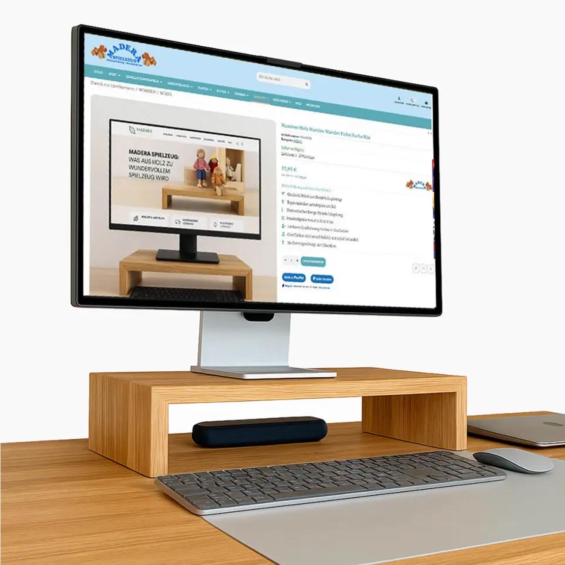 Massiver Holz Monitor Ständer aus Eiche-Esche-Mix mit Bildschirm auf Schreibtisch