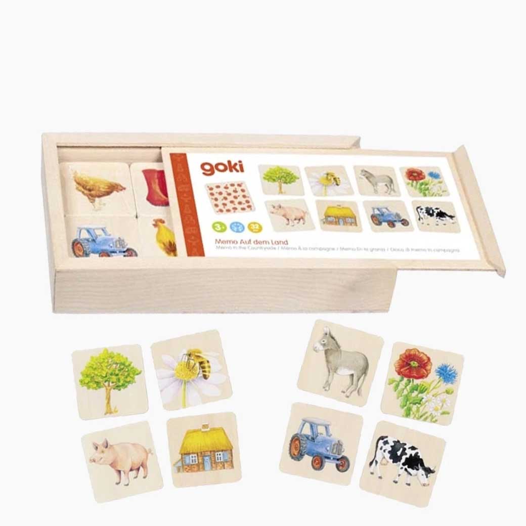 Memo Auf dem Land von goki mit Holzkarten und Bauernhofmotiven