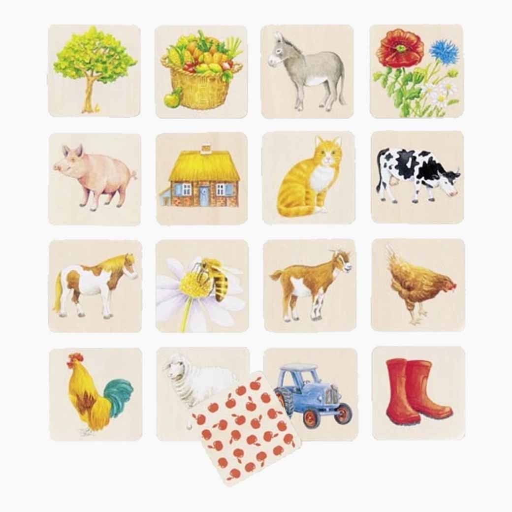 Memo Auf dem Land mit sortierten Holzplättchen im Holzkasten