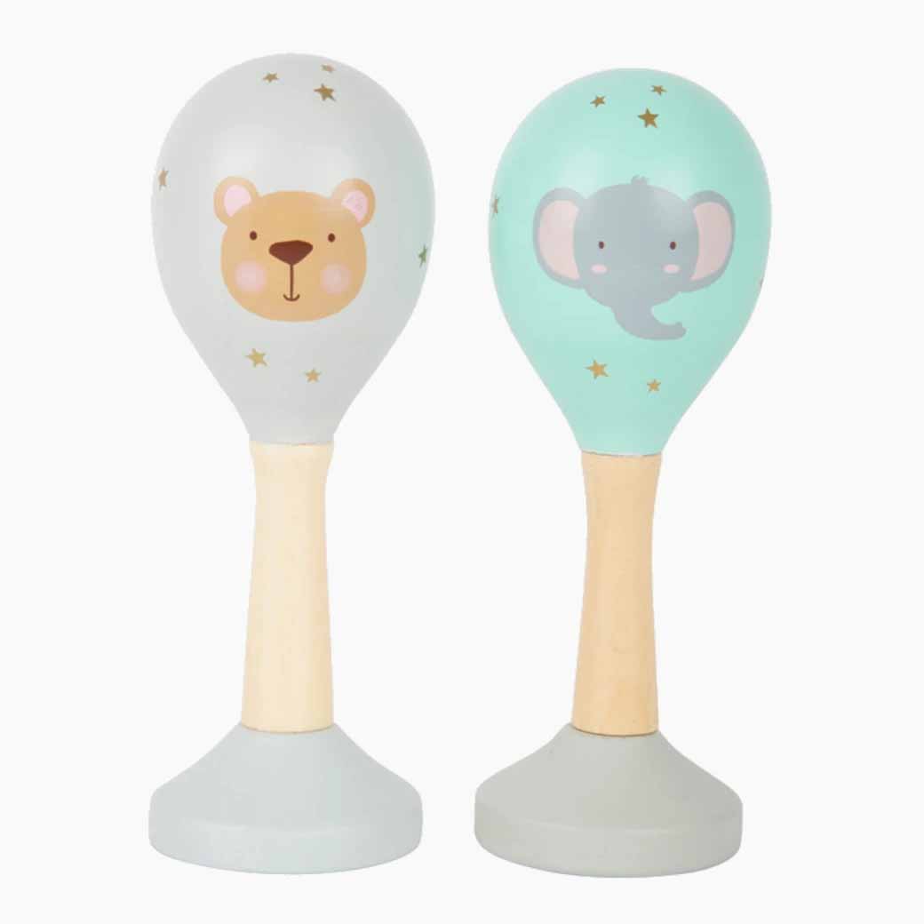 Detailansicht der Musikrasseln Pastell 2er Set aus Holz