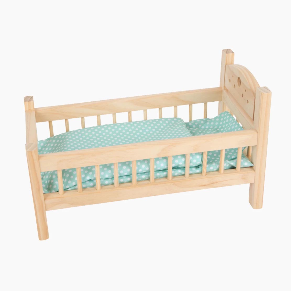 Puppenbett Natur aus Holz mit Bettwäsche