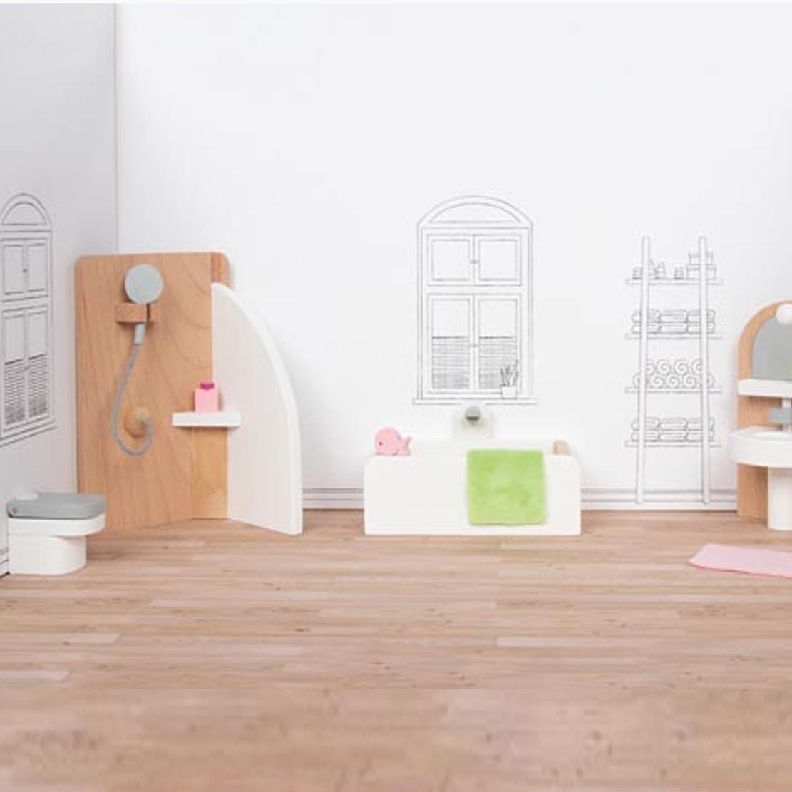 Puppenmöbel Style, Badezimmer – Detail: Dusche, Waschplatz & Halterungen