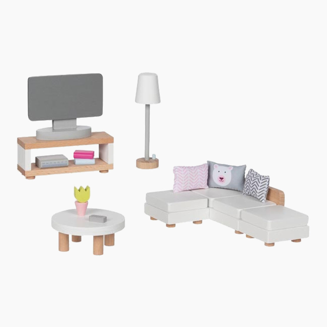 Spielszene: Puppenmöbel Style, Wohnzimmer – Teerunde, Bücher & Gespräch