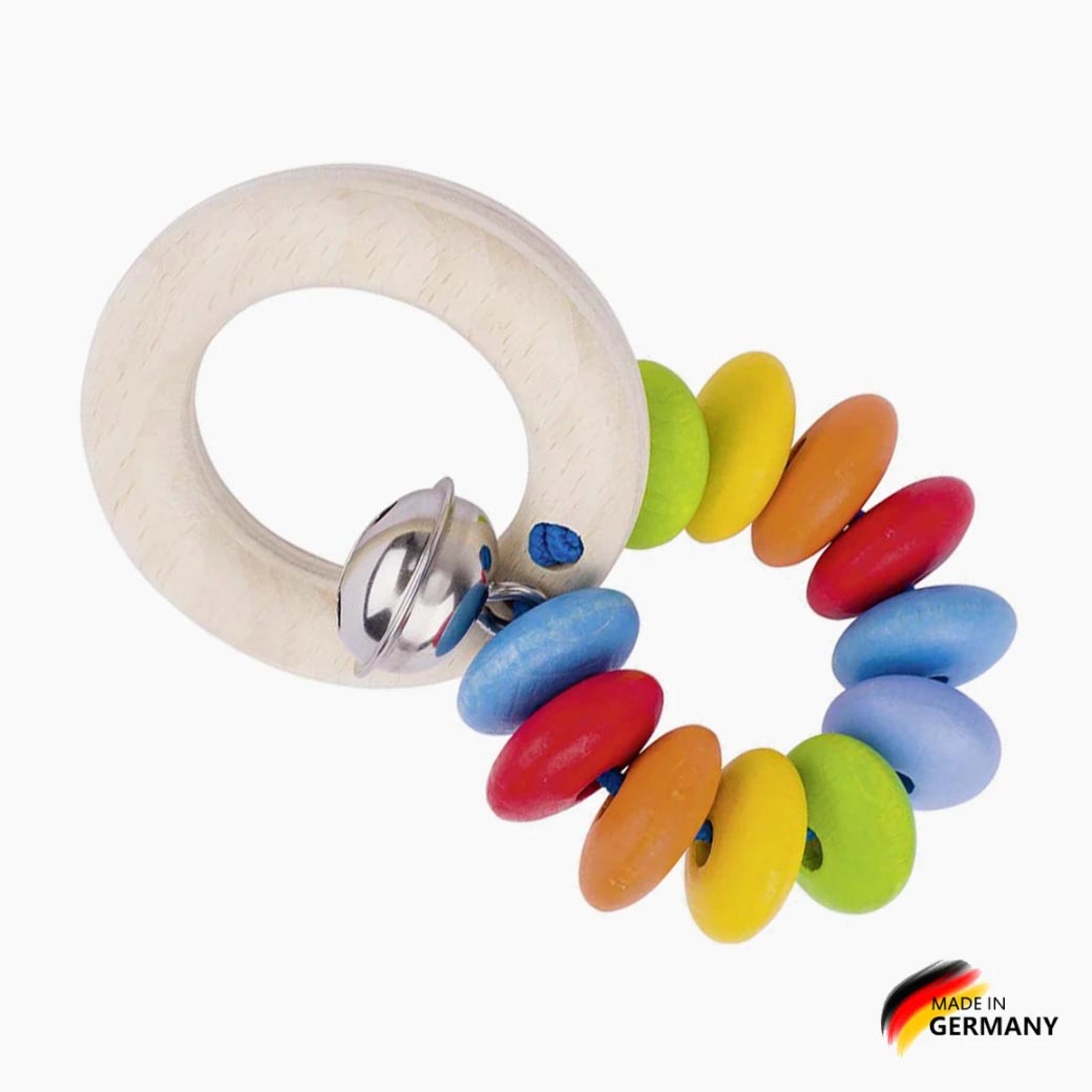 Regenbogen mit Glöckchen: Baby-Greifspielzeug aus Holz