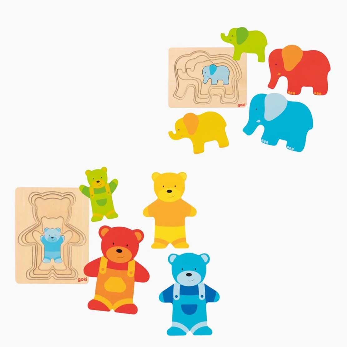 Schichtenpuzzle Bär – Bärenfamilie aus Holz im freien Spiel auf dem Tisch