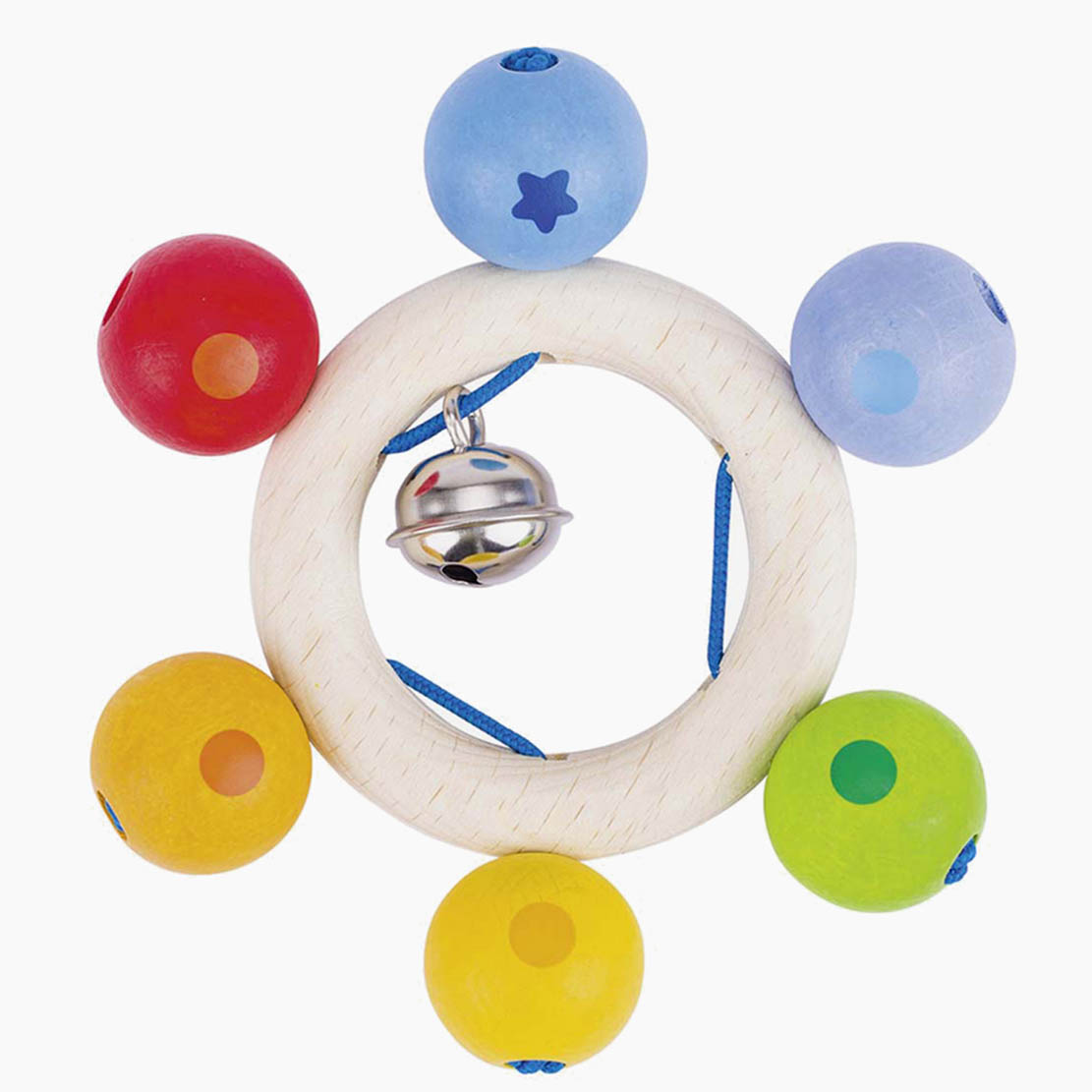 Spielzeugset No. 8: Schnullerkette Herz, Elastikwürfel, Greifring Sonne, Regenbogen-Perlen