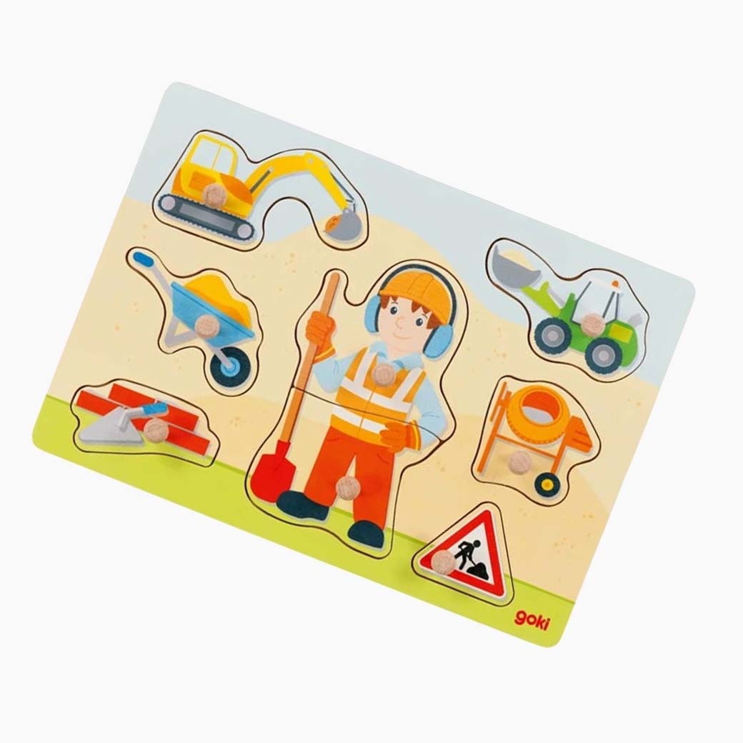 Komplett zusammengesetztes Steckpuzzle Bauarbeiter mit Baustellenmotiv