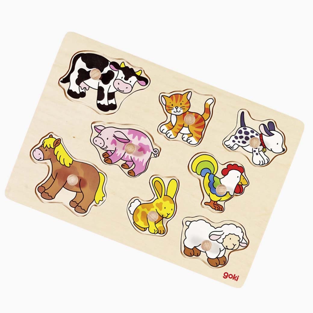 Komplett zusammengesetztes Steckpuzzle Bauernhof VII von goki mit allen acht Tieren