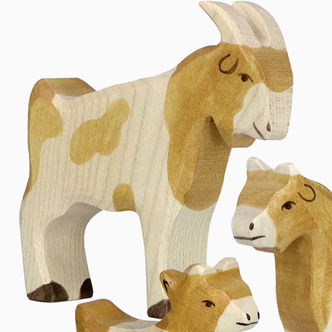 Ziegenbock, Ziege und Zicklein – detailreiches Holz-Set