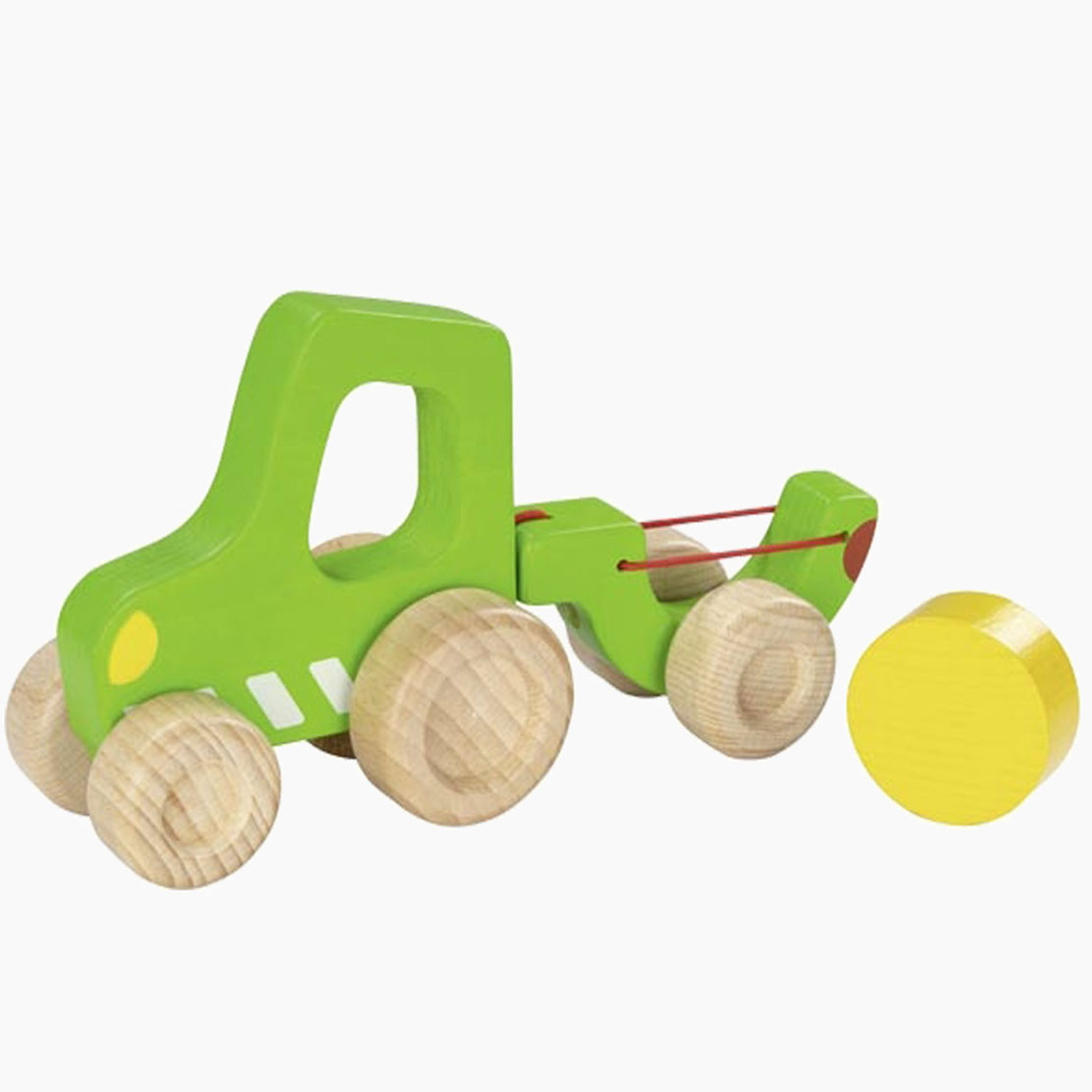 Traktor mit Anhänger aus Holz – Seitenansicht beim Beladen