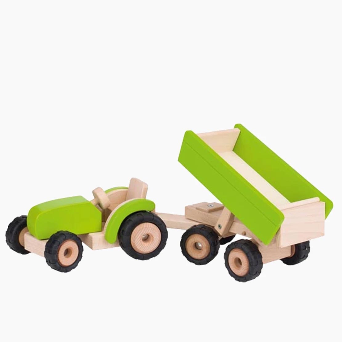 Traktor aus Holz mit Hänger, Seitenansicht, bereit zum Beladen