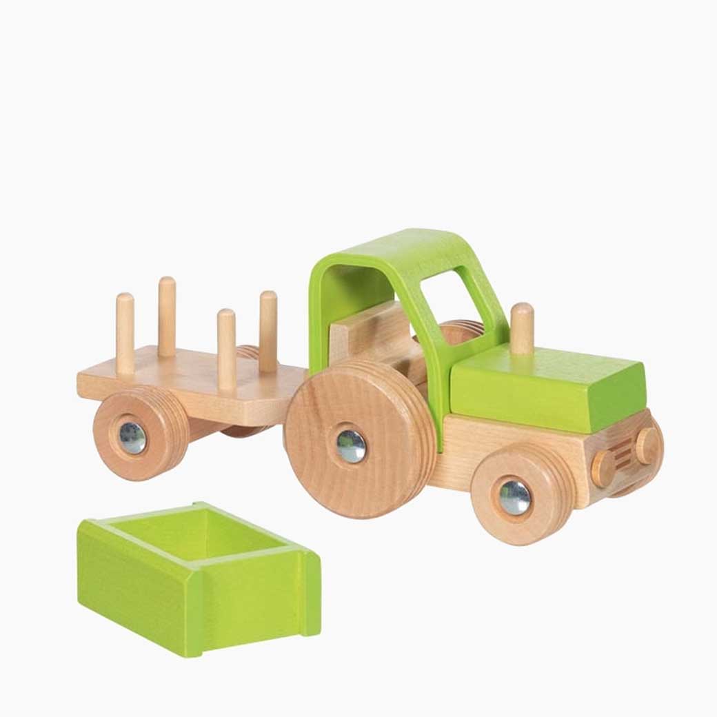 Traktor mit Anhänger goki – Traktorgespann aus Holz für Bauernhof-Rollenspiel