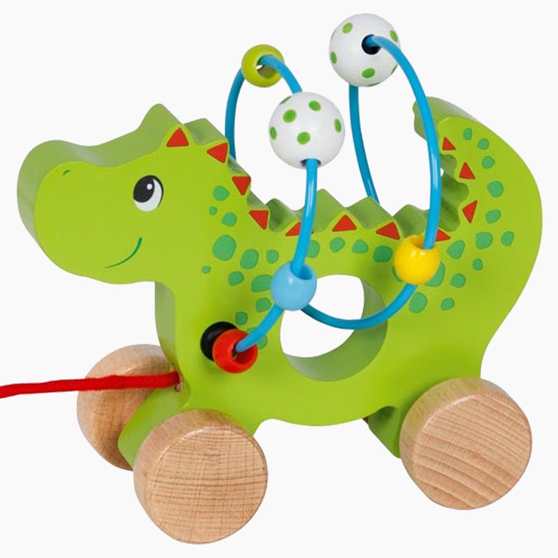 Ziehtier Drache – Detailaufnahme mit Motorikschleife und Holzperlen