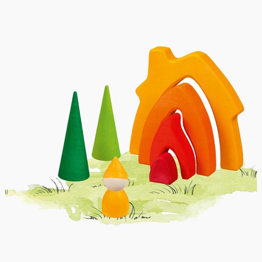 Spielszene: Zwergenhaus Regenbogen mit Figuren, Tüchern und Naturmaterialien kombiniert