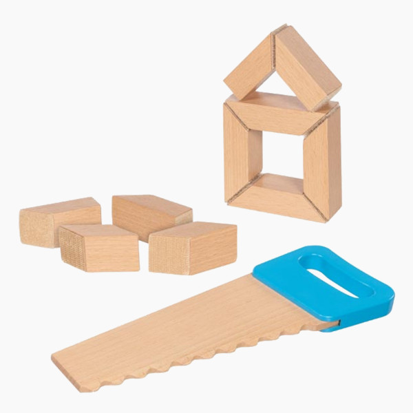 Holzbausteine mit Klettverbindungen und Säge